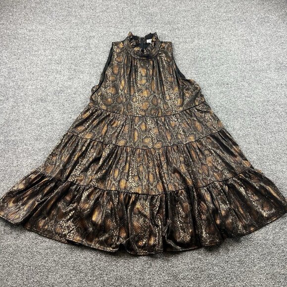 TCEC Dresses & Skirts - TCEC Metallic Snakeskin Print Tiered Swing Dress Sleeveless Mock Neck L